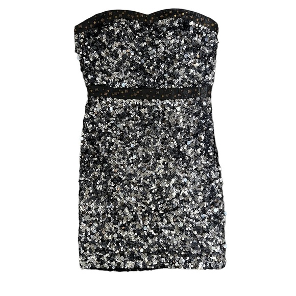 New Free People Gunmetal Black & Grey Sequins & Leather Strapless Mini Dress - Picture 8 of 15